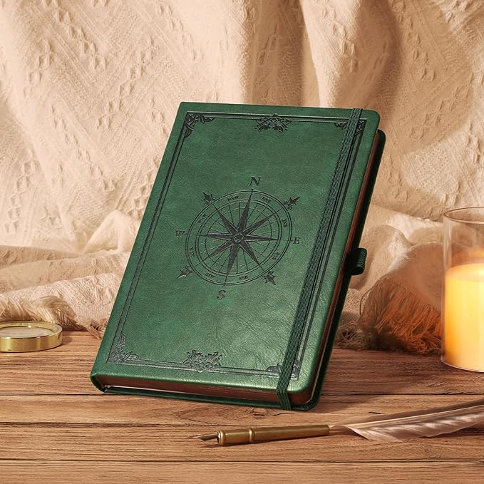 AHGXG Thick Journal Dotted Notebook for Men - 320 Numbered Pages A5 Notebook for Writing, 100gsm Dot Paper, Vintage Leather Hardcover, for Women Work Office School, 5.75'' X 8.38''- Dark Green