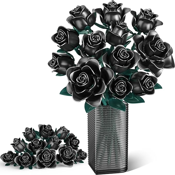 Black Roses Bouquet Building Set, 634Pcs Artificial Rose with 3 Blooming Stages, DIY Floral Home Office Decor for Adults & Kids Ages 6+, Gift for Birthday Valentine's Day Halloween Christmas