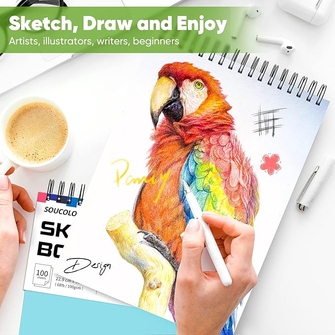 Drawing Set Sketching Kit, Pro Art Supplies, Soucolor 9" x 12" Sketch Book, 1-Pack 100 Sheets Spiral Bound Art Sketchbook for Colored Pencils, Graphite, Charcoal, Metallic Pencils, Sketching Pencils