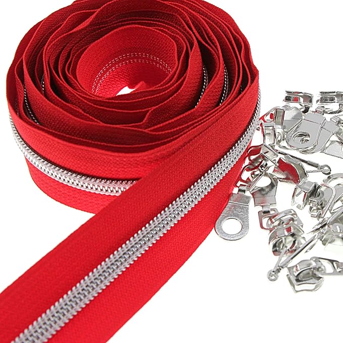 #5 Silver Metallic Nylon Coil Zippers by The Yard Bulk 10 Yards Red Tape with 25pcs Silver Sliders for DIY Sewing Tailor Craft Bag Leekayer(Red)