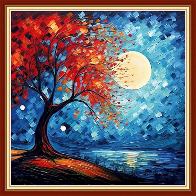 Foxdiviy Stamped Cross Stitch Kits for Beginners Full Range of Cross Stitching 11 CT Printed Cross Stitch Kits for Kids Adults Cross Stitch Patterns Needlepoint Kits-Colorful Trees Moon 18x18 inch
