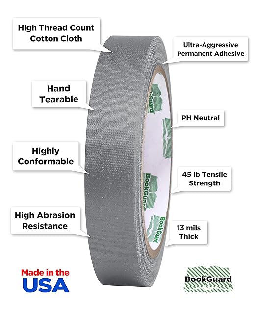 BookGuard 0.75 inch Premium Bookbinding Repair Cloth Tape, 15 Yard Roll, Gray