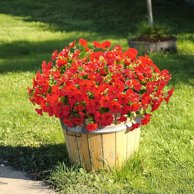 Artificial Flowers Fake Plants for Outdoors Decoration, 12 Bundles Red Silk Morning Glory with Eucalyptus Realistic UV Resistant Faux Flowers Greenery for Outside Planter Yard Garden Home Indoor Patio