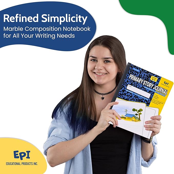 EPI Marble Hardcover Primary Ruled Composition Notebook | 200 Pages (100 Sheets), 9.75 x 7.5 in, Sturdy Sewn Binding | School, Office, Journaling, Notes - 4 Pack