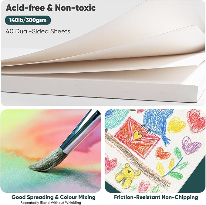 Soucolor Watercolor Paper Pad, 9"x12" Water Color Paper, 140lb/300gsm 40 Sheets Artist Painting Drawing Paper Book, Art Supplies for Adults Kids, Watercolor Paint Set, Sketchbook, Journal, Notebook