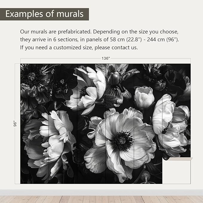 AFZEVEB-Black Peony Floral Wallpaper Vintage Large Flower Wall murals for Bedroom 136"x96"(Not Peel and Stick)