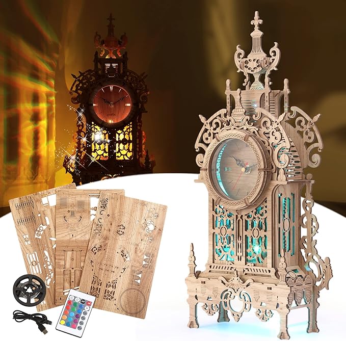 3D Wood Puzzle LED Tower Clock, 3D Puzzle Building Desktop Clock Model DIY Architectural Building Blocks (LED-TC01 Wood)