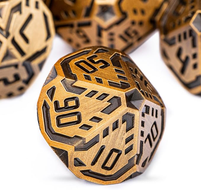 Metal DND Sci-fi Dice Set 7PCS Stripe Polyhedral Dice for Dungeons Dragons RPG Role Playing Game, Glitter D and D Dice with Gift Box D6 D8 D10 D12 D20 (Antique Gold)