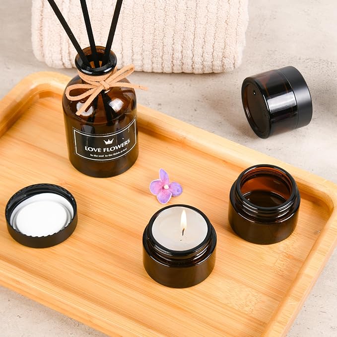 Glass Jars with Lids,Eco-Friendly Cosmetic Containers with Airtight Black Lids & Liners, Multi-Color Options for Cream, Lotion, Body Butter, DIY Skincare Travel Jars (Amber, 1oz)