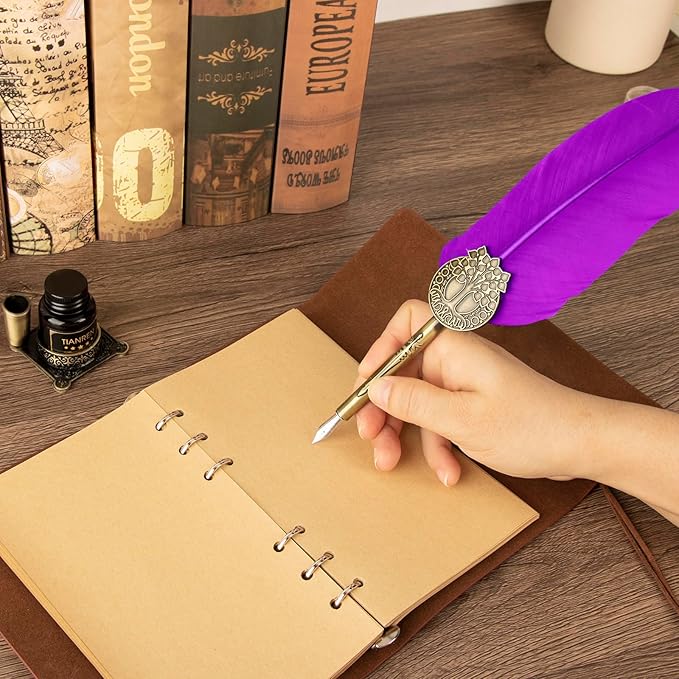 Quill pen ink set,Feather Pen and Ink Set,Antique Calligraphy Pen with 4 Replaceable Nibs,2 Bottle of ink,Feather Dip Pen Holder Christmas Gift for Men&Women.(Purple)