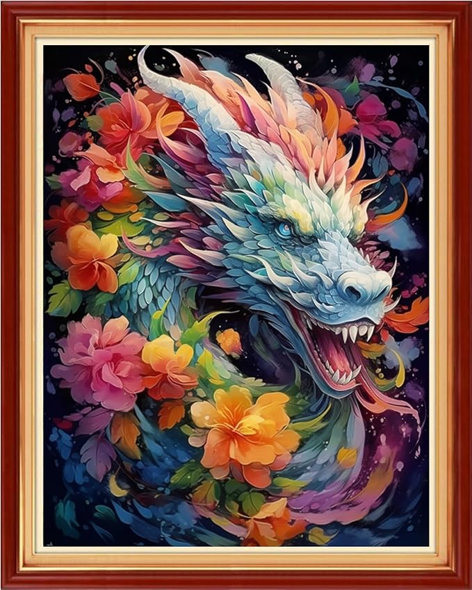 Stamped Cross Stitch Kits - Beach Night Landscape Counted Cross Stitch Kits for Beginners Adults Needlepoint Cross-Stitch Patterns-Flower Dragon 16x20 inchs