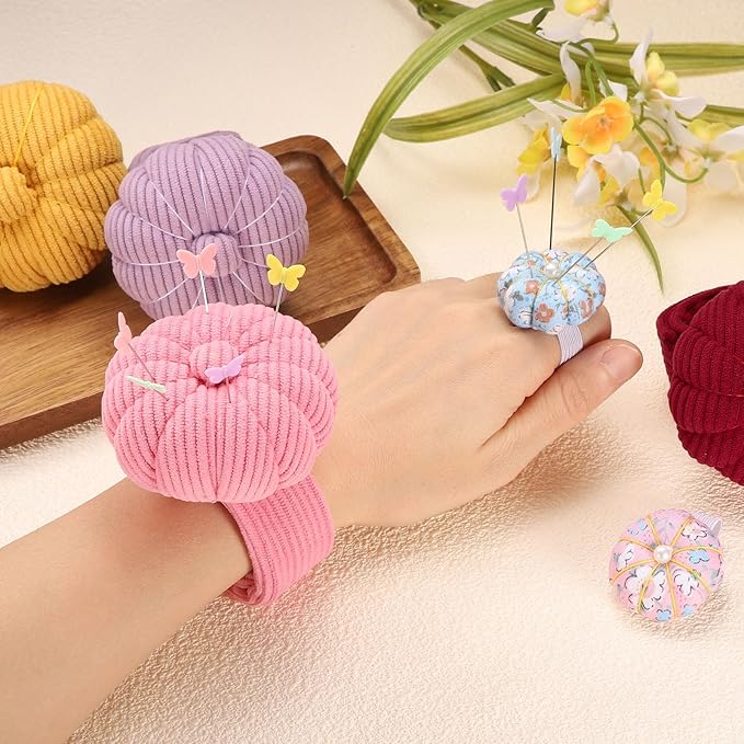 HARFINGTON Wrist Pin Cushions, Sewing Needle Pin Cushion Adjustable Strap with Elastic Strap Finger Ring Pincushions Fit All Wrist Sizes for Sewing Quilting Needlework DIY Crafts, Pink/Pink