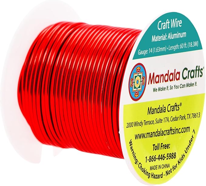 Mandala Crafts 14 Gauge Anodized Aluminum Craft Wire for Jewelry Making - 60 FT Colored Flexible Red Wire - Bendable for Bonsai Armature Crafting Sculpting