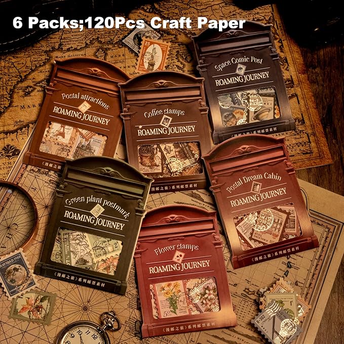 Vintage Stamp Paper Set, 120 PCS Embossed Scrapbook Paper Kit for Journaling, DIY Collage, Card Making, and Art Crafts Supplies