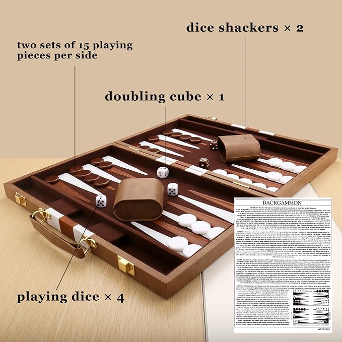 Backgammon Set - Classic Board Game with Premium Leather Case - Portable Travel Strategy Backgammon Game Set for Adults, Kids (11inch, Khaki)
