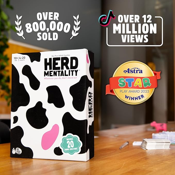 Herd Mentality: Udderly Funny Family Board Game | Easy & Fun for Big Groups of 4-20 Players | Includes 20 Extra Exclusive Questions
