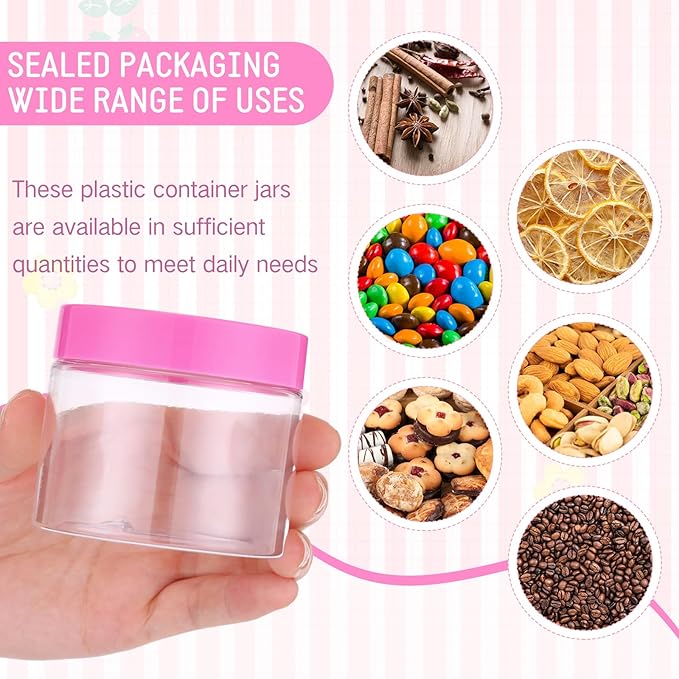 SATINIOR 12 Pack 6 oz Plastic Container Jars with Lids Round Clear Travel Cosmetic Container Slime Jars for Toiletries, Lotion, Cream, Ointments, Makeup, Rhinestone, Samples, Kitchen Storage(Pink)
