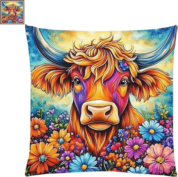 Fanxvivy Stamped Cross Stitch Kits for Adults Beginners Pillow Needlepoint Kit with Embroidery Pattern Needlework Kit Prestamped Stitches Kit 11CT Cross Stitching-Colorful Cow Flowers 18x18 inch