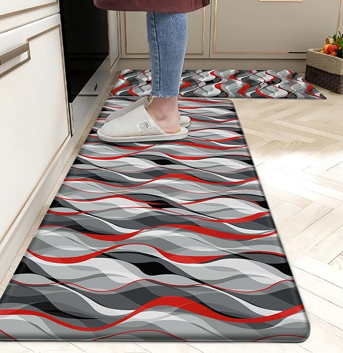 Kitchen Mats for Floor Modern Abstract kitchen rugs Grey and Red Stripe Anti Fatigue Kitchen Mats Waterproof Floor Mats Cushioned Non-Skid Standing Mats for Kitchen, Set of 2,17.3 x 28+17.3 x 47