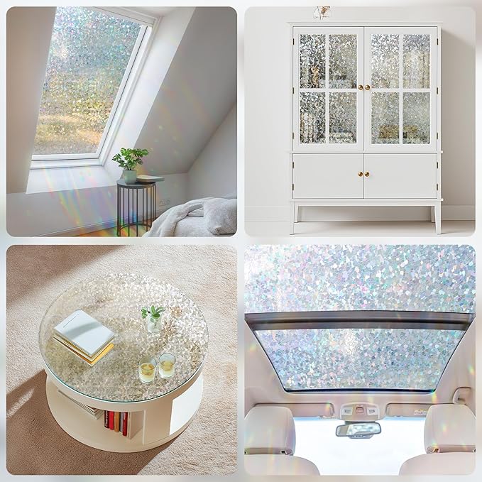 Haton Window Privacy Film, Rainbow Stained Glass Window Clings, 3D Decorative UV Sun Blocking Sticker, Removable Static Cling Heat Control Tint for Home Door, 17.5" x 157.4" Non-Adhesive