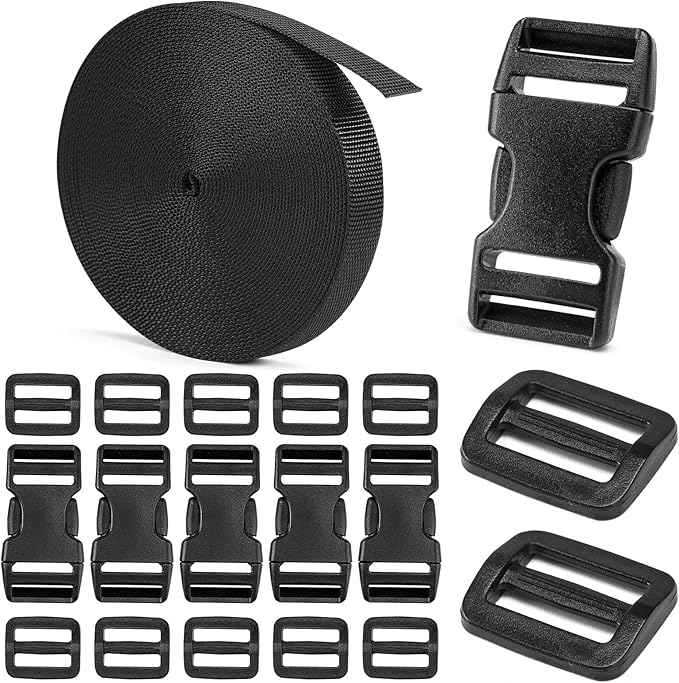 3/4" Buckles and Straps Set: 6 Yards of Thick Nylon Webbing, 6-Pack Quick Side Release Adjustable Plastic Buckles, 12 Tri-Glide Slide Clips(3/4 Inch Combo Set)