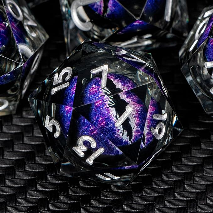 ARUOHHA DND Resin Dice Dragon Eye Dice Liquid Core Purple Sharp Edged Dice Set with Gift Box, Dungeons Polyhedral D and D Dice Set Compatible with D&D Role Playing Game D20 D12 D10 D8 D6