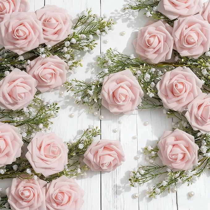 Artificial Flowers Foam Fake Roses 25pcs Light Pink Roses with Stems for Home Decor DIY Wedding Bouquets Party Bridal Shower Centerpieces Faux Flower Arrangements Tables Decorations