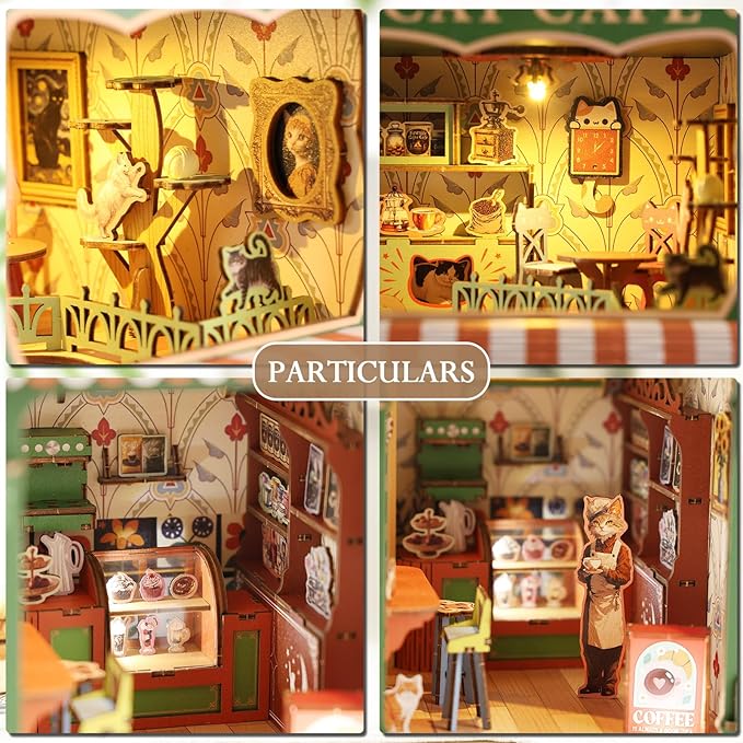 Book Nook Kit,DIY Miniature House Kit for Adults, Teens and Beginners, Dollhouse Booknook Cat Cafe Tiny House Bookshelf Decor 3D Wooden Puzzle, Gifts for Family, Friends