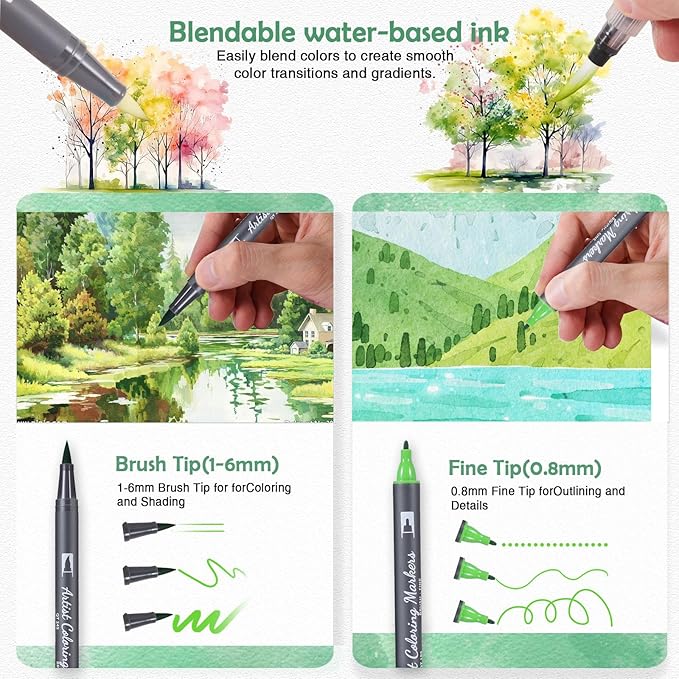 Watercolor Pens Set, 48-Color Dual Tip Paint Markers, Water-Based Coloring Markers with 1 Aquapen, 2 Colorless Blenders, 1 Black Marker, and 12-Page Pad, Paint Supply for Artists & Beginners