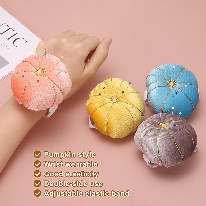 HARFINGTON Wrist Pin Cushion Wristband Sewing Pincushion Polyester Pin Holder Wearable Pumpkin Shaped Needles Wristband for Sewing Quilting Needlework DIY Crafts, Blue
