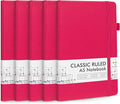 feela 5 Pack Notebooks Journals Bulk, Hardcover Notebook Classic Ruled Lined Journals with Pen Holder for Women Girls School Business Supplies, with 5 Black Pens, 120 GSM, 5.1”x8.3”, A5, Berry