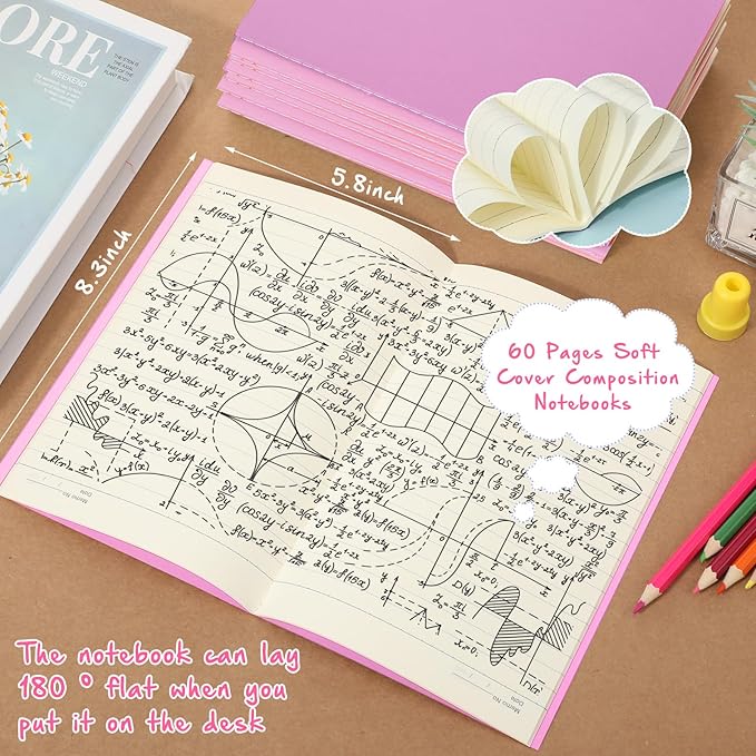 Handepo 100 Pack Composition Notebooks A5/A6 Ruled Lined Composition Kraft Notebooks Bulk Soft Cover Journals Travel Diary Memo for Students Classroom Office Supplies(A5,Pink)