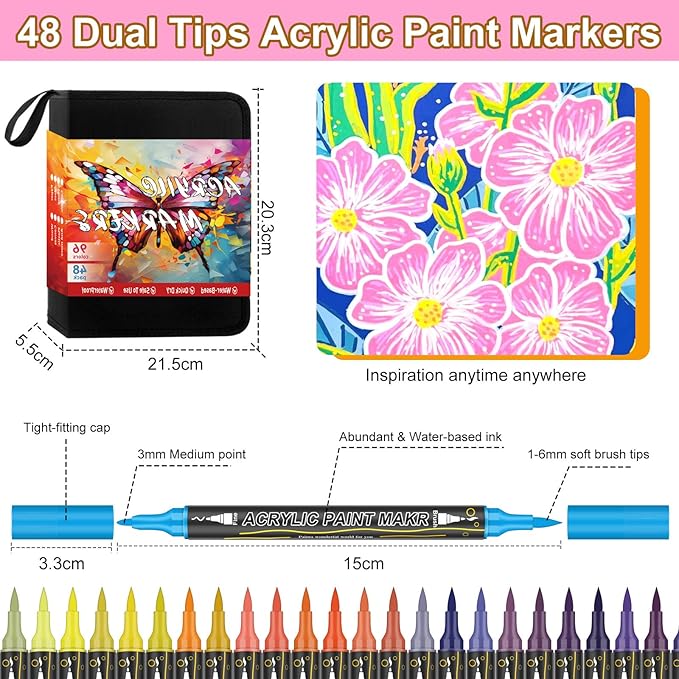 96 Colors Dual Tip Acrylic Paint Markers, 48 Pack Waterproof, Non-Toxic, Odorless Acrylic Markers Pens，Paint Pens & Paint Markers for Rock, Wood, Glass, Stone, Canvas, Fabric and Paper Painting