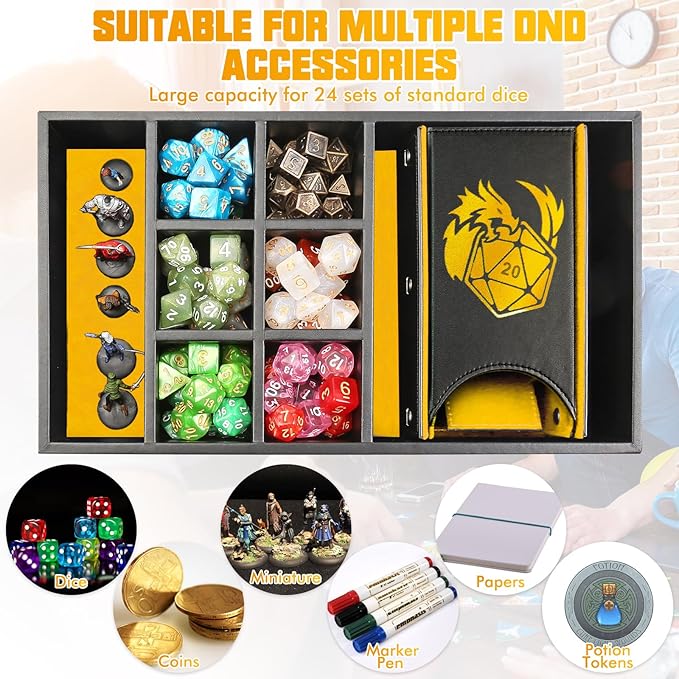 DND Dice Tray & Tower Storage Box, 4 in 1 D&D Dice Holder Case (Dice Rolling Tray, Dice Roller Tower, Dice & Miniature Storage), Great RPG Accessories Gifts for Dungeons and Dragons MTG DM & Player