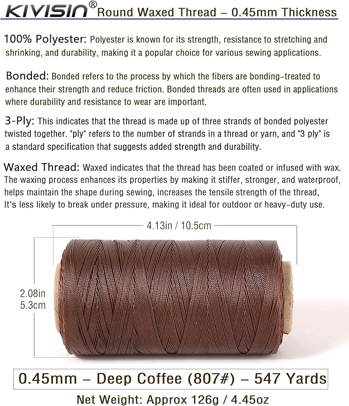 Thin Wax Polyester Thread, 0.45mm, 547 Yards, 3 Ply Round Waxed Cord Strings for Sewing, Beading, Binding, Micro Braiding, Fine Leather Craft and Micro Macrame Jewelry - Deep Coffee