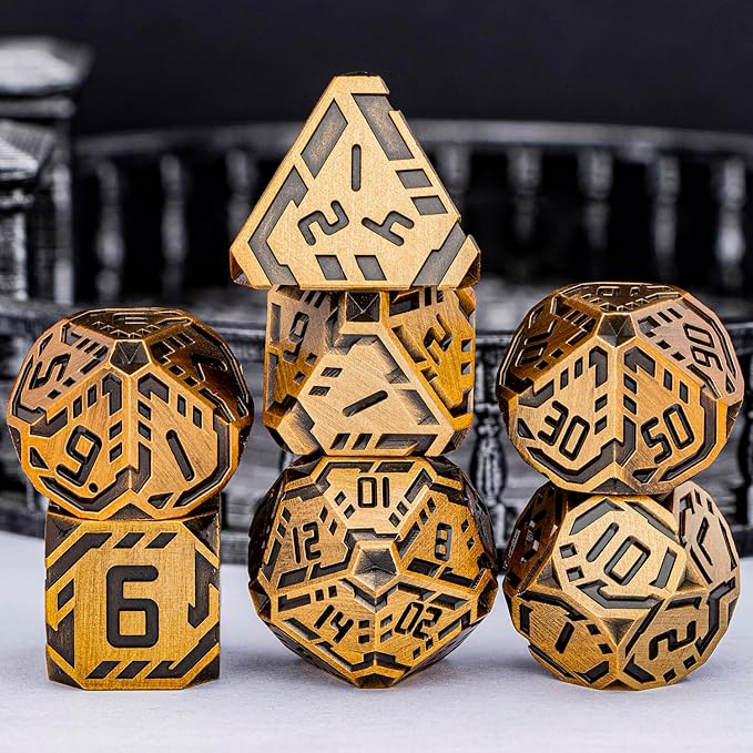 Metal DND Sci-fi Dice Set 7PCS Stripe Polyhedral Dice for Dungeons Dragons RPG Role Playing Game, Glitter D and D Dice with Gift Box D6 D8 D10 D12 D20 (Antique Gold)