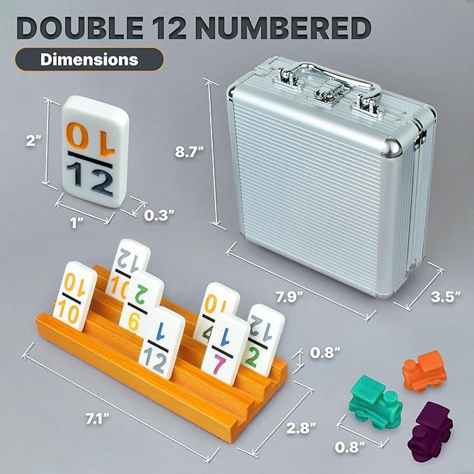 Queensell Mexican Train Dominoes Set with Numbers and 4 Holders - Wooden Hub and Domino Holders - Double 12 with Numbers (D12 Numbers + 4 Holders)