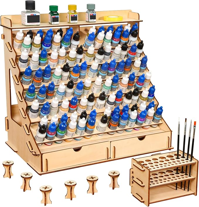 Paint Organizer with Brush Holder – 105-Bottle Holder with 6 Miniature Stands – Brush and Paint Storage for Miniature Painting