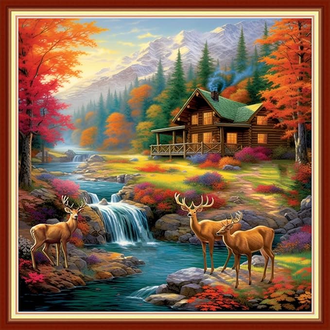 Magxvouy Cross Stitch Kits Stamped Full Range of Embroidery Kits,Cross Stitch Patterns Needlework Kits for Beginners 11CT Printed Kits&Deer by The Lake 18x18 inch