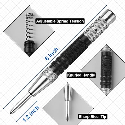 2Pcs Center Punch, 6Inch Automatic Center Punch Super Strong, Adjustable Spring Loaded Hole, Hardened Steel Auto Marker Tool for Metal, Wood, Glass by Pniimoo
