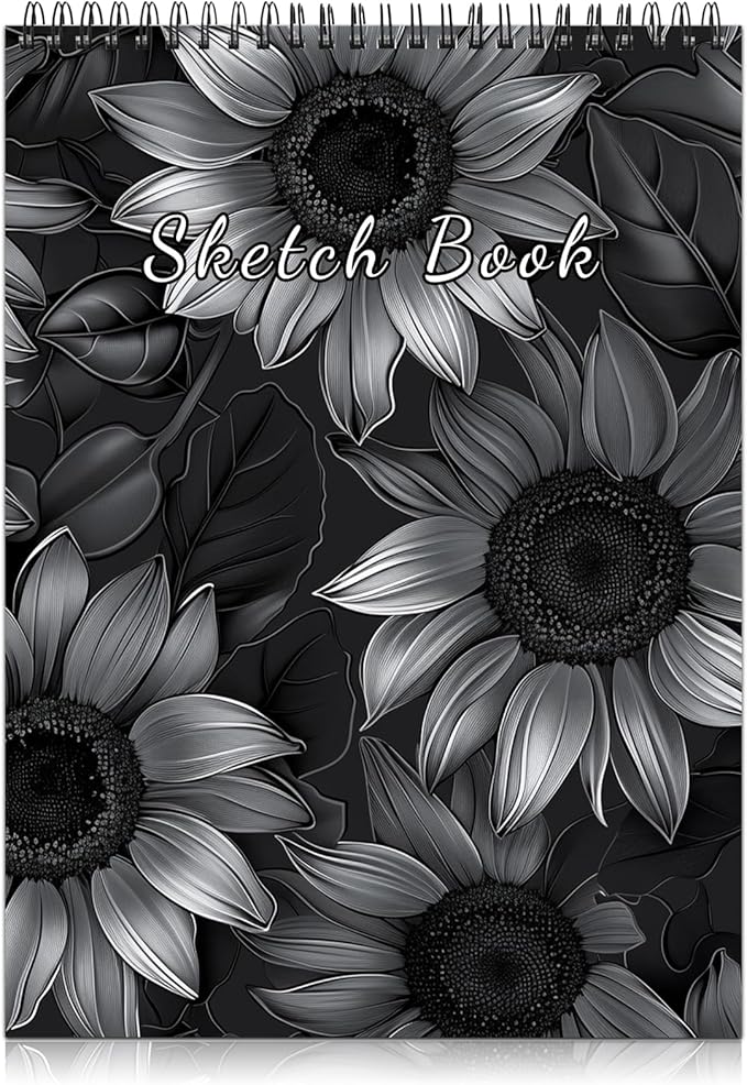 Cabreche Cute Sketchbook Top Spiral Bound Sketch Pad, 9 x 12 inch,100GSM Thick Paper,50 Sheets 100 Pages,Art Sketch Book Artistic Writing Drawing Paper for Girls Women Beginners-Black Sunflower
