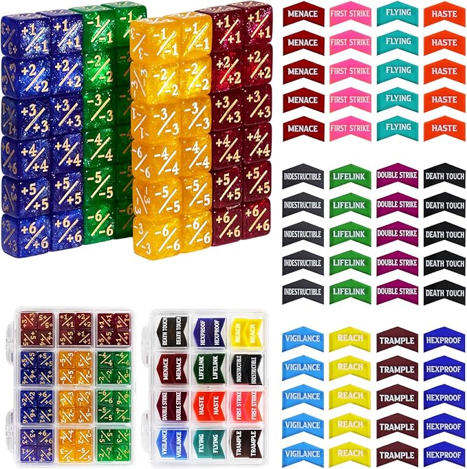 SIXPOINTS 108PCS 12mm MTG Counter Dice +1/+1 Tokens 6 Sided Dice & Keyword Counters Tokens Set for Magic The Gathering, MTG, TCG, Card Games Accessories