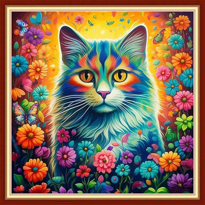 Joyhoor Stamped Cross Stitch Kits for Beginners, Needlepoint Kits for Adults, 11CT Counted Embroidery Kits-Cat Flowers 18x18 inchs