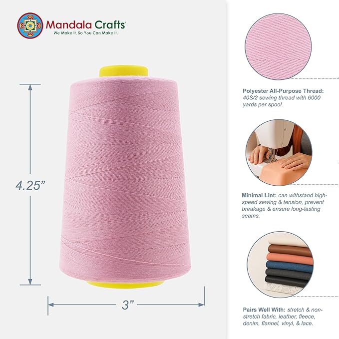 Mandala Crafts 4 Pack of Serger Threads Cones Spools - 40S/2 24000 Yards Polyester Dusty Rose Threads for Sergers Machine and Overlock Quilting Sewing Machine