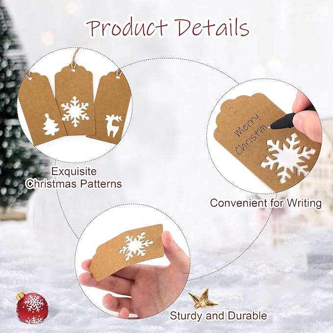 Aneco 150 Pieces Christmas Paper Gift Tags Brown Kraft Tags Hang Labels Christmas Tree Snowflake Reindeer Design with 30 Meters Jute Twine for Christmas DIY Wrapping Favor Holiday Present