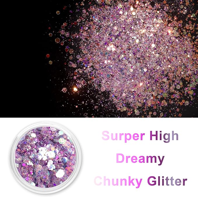 Renfio Opal Chunky Purple Glitter, 1.75oz/50g Dreamy High Sparkle Holographic Fine Iridescent Glitters Flake for Resin Nails Art Hair DIY Snow - Purple Sunglow