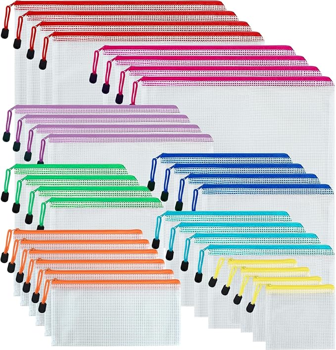 Vuzvuv 34pcs Mesh Zipper Pouch Set ，8 Sizes Plastic Document Pouch with Label Stickers,8 Colors Waterproof Document Mesh Bags for File, Makeup, Board Game School Office Home Travel Storage