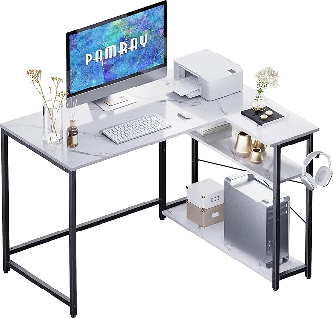 Pamray 43 Inch L Shaped Computer Desk with Reversible Side Storage Shelves, Small Corner Desk for Small Space Home Office,Writing Study Table PC Desk for Bedroom,White Marble