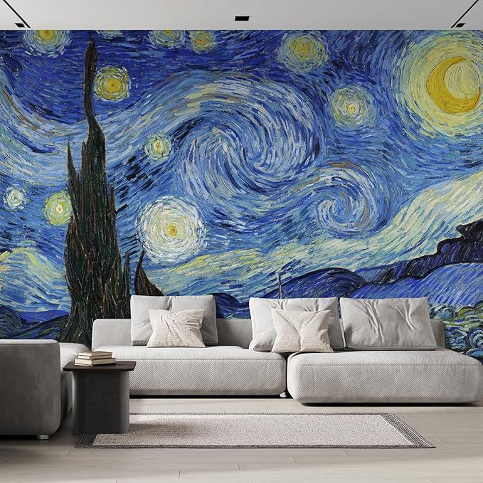 wall26 Wall Sticker/Wall Mural Starry Night by Vincent Van Gogh Dutch Impressionism, Not Peel and Stick, Non-Woven Wallpaper Decorative for Bedroom, Living Room, Office - 120x144 inches