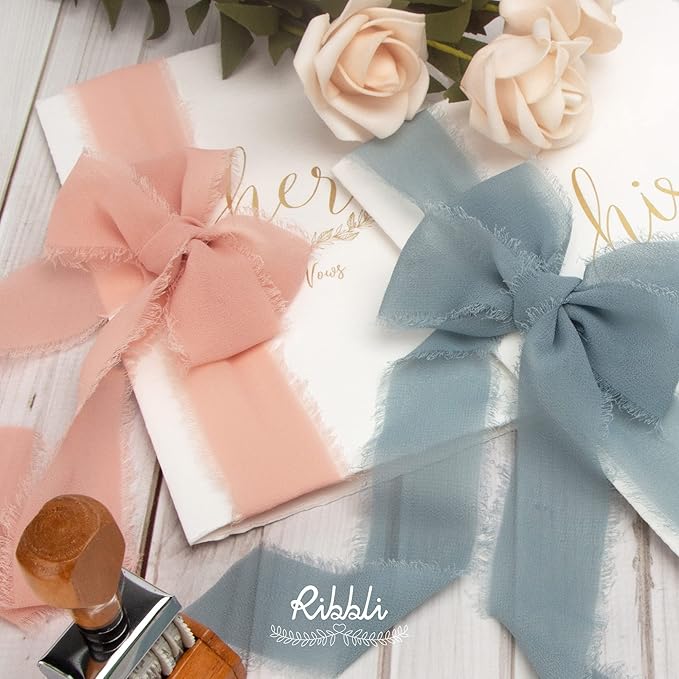 Ribbli Slate Blue Chiffon Ribbon 1-1/2 inch x 20 Yard Handmade Fringe Chiffon Silk Ribbon for Wedding Invitations, Bridal Bouquets Wrapping, Flower Arrangement Decoration
